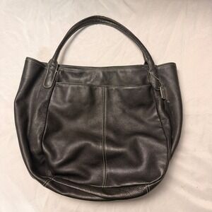 Tignanello Tig & Co Black Genuine Leather Tote Bag Hobo Purse White Stitching